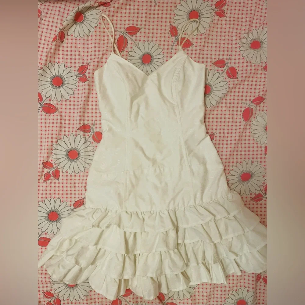Vintage super cute drop waist corset princess Elegant White cream Ruffled Dress - Picture 3 of 8